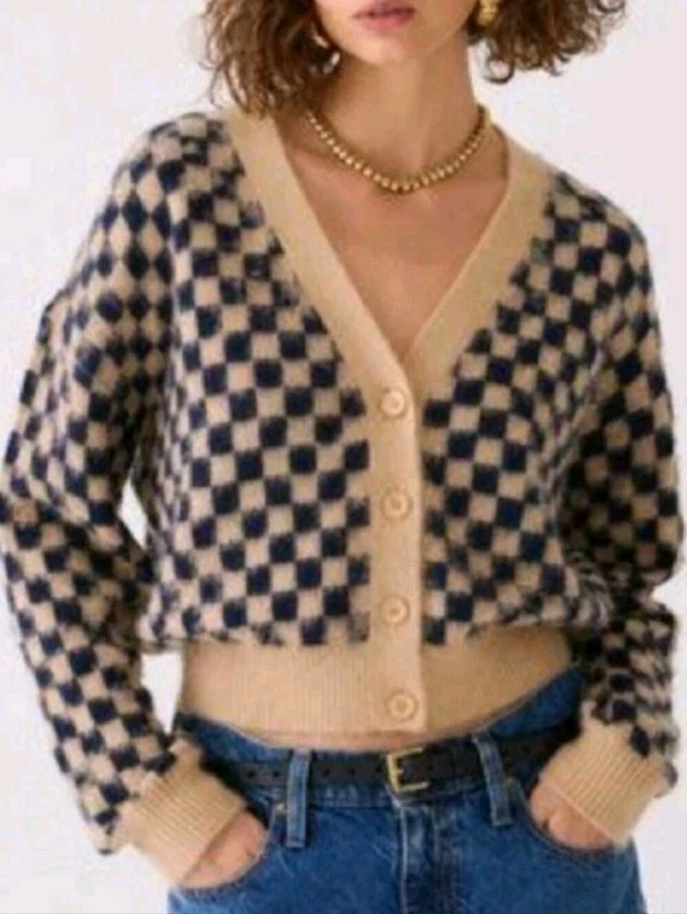 J Crew Checked V Neck Cardigan Buttons Beige Black Brushed Yarn L Sweater Women